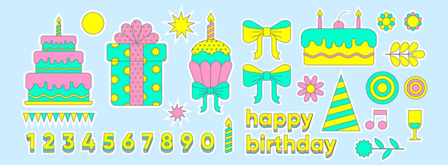 A set of birthday stickers. Set of vector geometric illustrations. Cupcake with a candle, a gift, a birthday cake.
