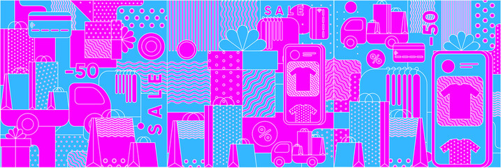 Discounts and Sale, Online Store, Delivery and Online Commerce. Vector illustration , geometric , flat style, linear elements with outline. Packing paper pattern.