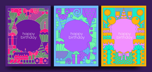 Birthday cards and posters. Set of vector postcards, geometric illustrations. Cupcake with a candle, a gift, a birthday cake.