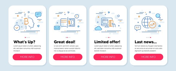 Set of Finance icons, such as Online payment, Payment methods, Bitcoin think symbols. Mobile app mockup banners. World statistics line icons. Money, Credit card, Cryptocurrency head. Vector