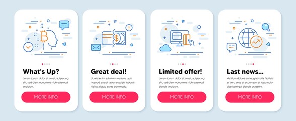 Set of Finance icons, such as Online payment, Payment methods, Bitcoin think symbols. Mobile app mockup banners. World statistics line icons. Money, Credit card, Cryptocurrency head. Vector