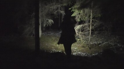 Young woman running through a deep deserted forest at night in winter. Camera follows. 4k footage. - Powered by Adobe