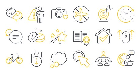 Set of Business icons, such as Bicycle, Interview job, Photo camera symbols. Time change, Medical tablet, Text message signs. Diploma, Talk bubble, Target goal. Scroll down, Swipe up. Vector