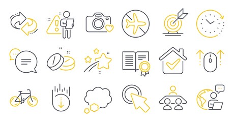 Fototapeta premium Set of Business icons, such as Bicycle, Interview job, Photo camera symbols. Time change, Medical tablet, Text message signs. Diploma, Talk bubble, Target goal. Scroll down, Swipe up. Vector