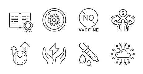Certificate, Cloud network and Sharing economy line icons set. Stop coronavirus, Chemistry pipette and Safe energy signs. No vaccine, Time management symbols. Quality line icons. Vector