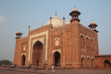 Fototapeta na wymiar Red sandstone mosque in the Taj Mahal complex. Agra. Uttar Pradesh. India.
