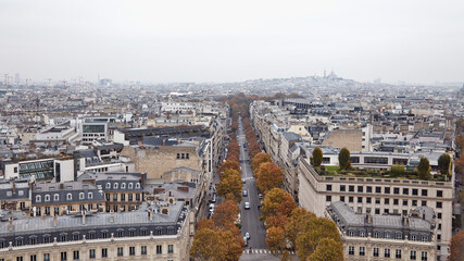 Panoramic view of Paris from Arc de Triomphe, center of Paris.