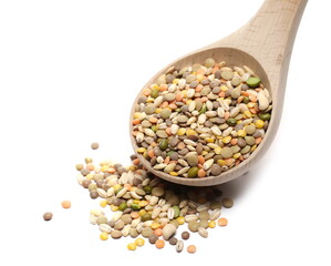 Mixed legumes and cereals, peeled barley, green, yellow and dark red lentils, half green peas, black white beans, green beans with wooden spoon isolated on white background