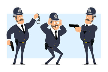 Cartoon flat funny british fat policeman character in helmet and uniform. Boy holding handcuffs and shooting from pistol. Ready for animation. Isolated on blue background. Vector set.