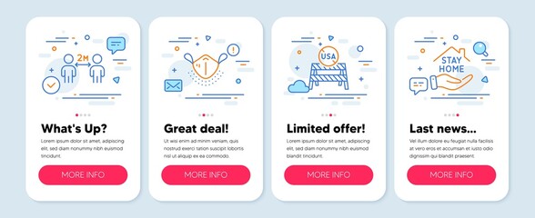 Set of Medical icons, such as Usa close borders, Social distancing, Medical mask symbols. Mobile screen mockup banners. Stay home line icons. Coronavirus restrictions, Quarantine, Respirator. Vector