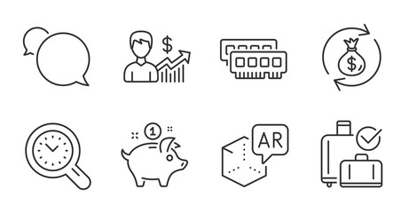 Money exchange, Baggage reclaim and Business growth line icons set. Saving money, Augmented reality and Time management signs. Ram, Messenger symbols. Quality line icons. Money exchange badge. Vector