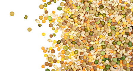 Mixed legumes and cereals, peeled barley, green, yellow and dark red lentils, half green peas, black white beans, green beans isolated on white background, top view