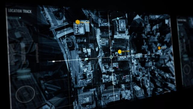 International security agency manipulates a satellite to scan through the hong kong area and detect the location coordinates of an implemented bomb. User interface. location track. Satellite view.