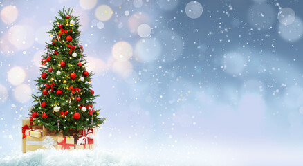 Fototapeta na wymiar Beautiful decorated Christmas tree on light background, space for text. Banner design