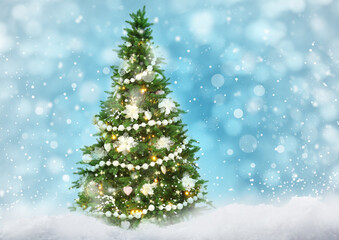 Fototapeta na wymiar Beautiful decorated Christmas tree on light blue background. Bokeh effect