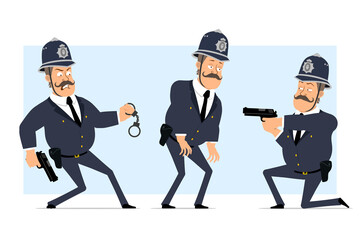 Cartoon flat funny british fat policeman character in helmet and uniform. Boy tired and shooting from pistol. Ready for animation. Isolated on blue background. Vector set.