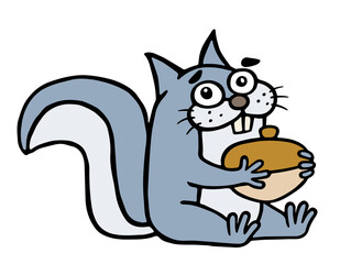 Cute happy squirrel is hugging a large acorn.