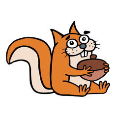 Cute squirrel found a big nut and smiles happily. Vector illustration.