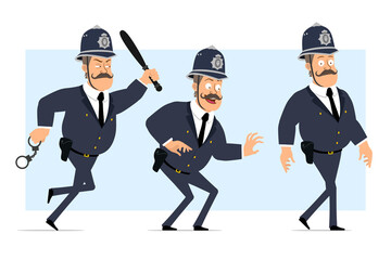Cartoon flat funny british fat policeman character in helmet and uniform. Boy running with handcuffs and police baton. Ready for animation. Isolated on blue background. Vector set.