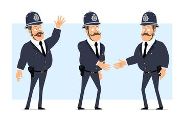 Cartoon flat funny british fat policeman character in helmet and uniform. Boy shaking hands and showing welcome gesture. Ready for animation. Isolated on blue background. Vector set.