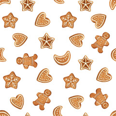 Gingerbread seamless pattern. Watercolor cookie man, star, heart