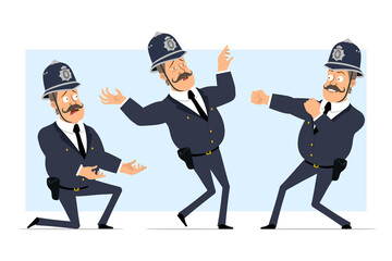 Cartoon flat funny british fat policeman character in helmet and uniform. Boy fighting, falling back and standing on knee. Ready for animation. Isolated on blue background. Vector set.