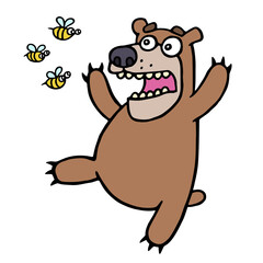 Cute bear in panic. Angry bees. Vector illustration.