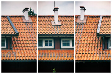 Triptych of red tiled mansard roof.