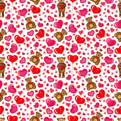 Seamless Pattern with bear and hearts. For card, design, print or background.for a print, postcard, poster for Valentine's day, February 14. Watercolor hand painted illustration.