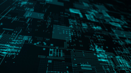 Digital background with moving glowing particles. Futuristic hi-tech illustration. Concept of data transfer in cyberspace. Big data visualization. 3d rendering.