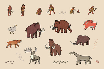 mammoth and ancient prehistoric jurassic wild animals with humans hand drawn vector illustrations set