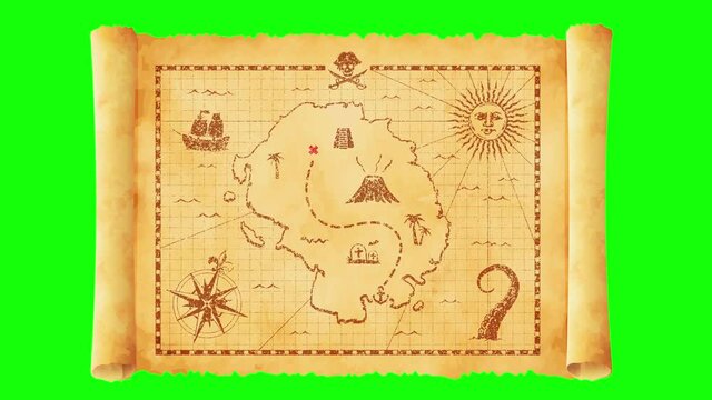 Pirate treasure map animation movie, Green background for background transparent use.