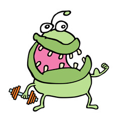 Cartoon green monster keeps a dumbbell. Vector illustration.
