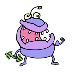 Cute purple monster keeps a dumbbell. Vector illustration.