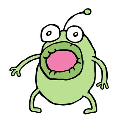 Amazed green alien opened his mouth. Vector illustration.