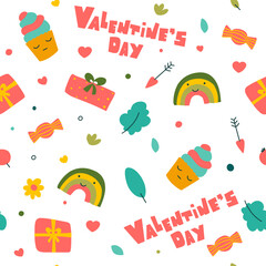 Valentine's day pattern on white background. Simple hand-drawn vector seamless pattern.