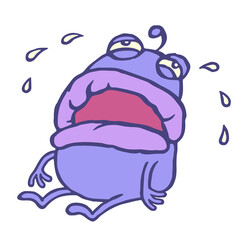 Unhappy purple monster pours tears. Vector illustration.