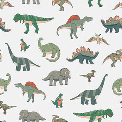 Obraz premium Dinosaurs hand drawn vector seamless pattern