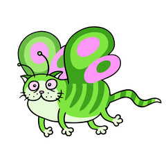 Cartoon fairy green cat flight. Vector illustration.