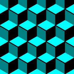 3D Escher style repeating cube pattern in shades of turquoise