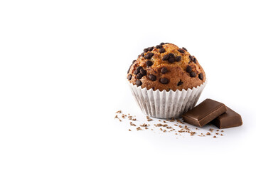 Just baked chocolate muffin isolated on white background. Copy space