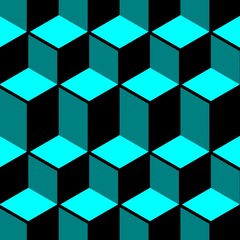 3D Escher style repeating cube pattern in shades of turquoise