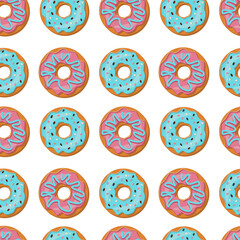 Seamless pattern with mouth-watering pink and blue donuts with icing on a white background. Vector pattern in flat style.