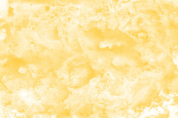 Yellow ink and watercolor texture on white paper background. Paint leaks and decalcomania effects. Hand-painted gouache abstract image. Mess on the canvas.