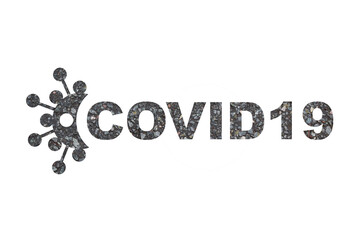 Words covid 19 with virus symbol on white background and texture