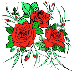 Colorful rose bouquet flowers and green leaves growth on white background,creative with illustration in flat design.Floral pattern,decorative series for wallpaper.Valentine day concept.
