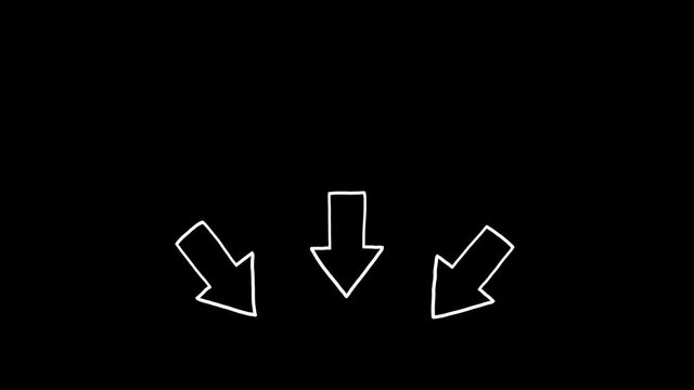 Three white arrows pointing downwards, hand drawn animation on a transparent background