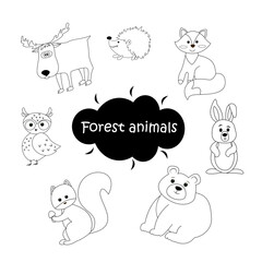 
Black and white set of vector forest animals isolated on white background, illustration for coloring pages in cute cartoon style