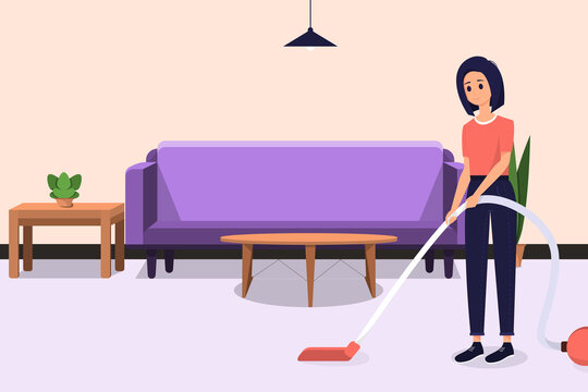 vector illustration of woman cleaning the room using a vacuum cleaner.