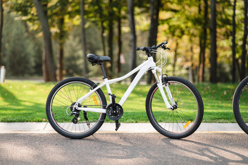 Fototapeta premium White bicycle standing in park. Morning fitness, loneliness.